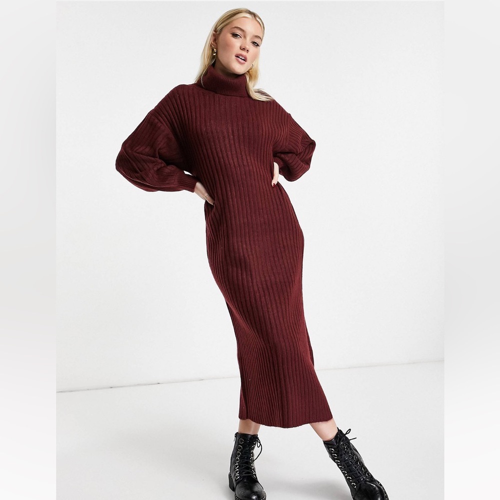 Asos Design Ribbed Midi Dress With Turtle Neck In Dark Red